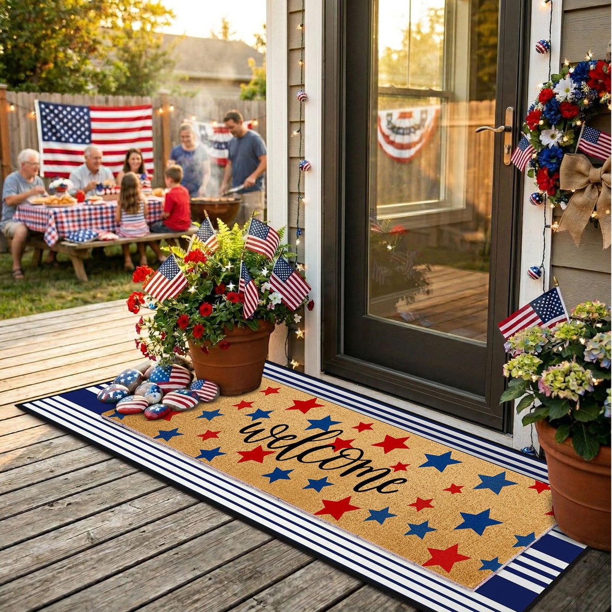 APUDWN patriotic star-design doormat enhances curb appeal at the doorway.