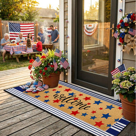 APUDWN patriotic star-design doormat enhances curb appeal at the doorway.