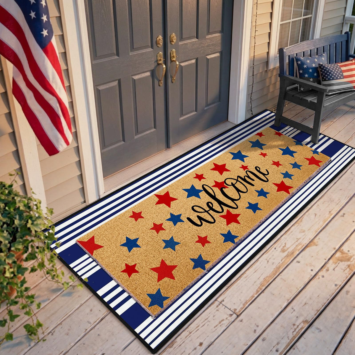 APUDWN two-piece patriotic welcome mat set with layered design for double doors appeal.