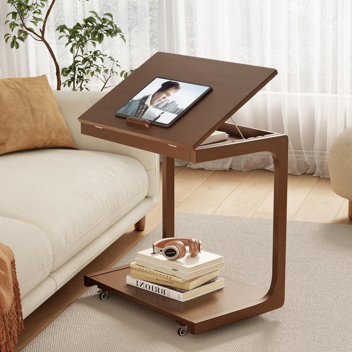 AQIMUELE C-shaped end table in walnut beside the sofa for easy reach