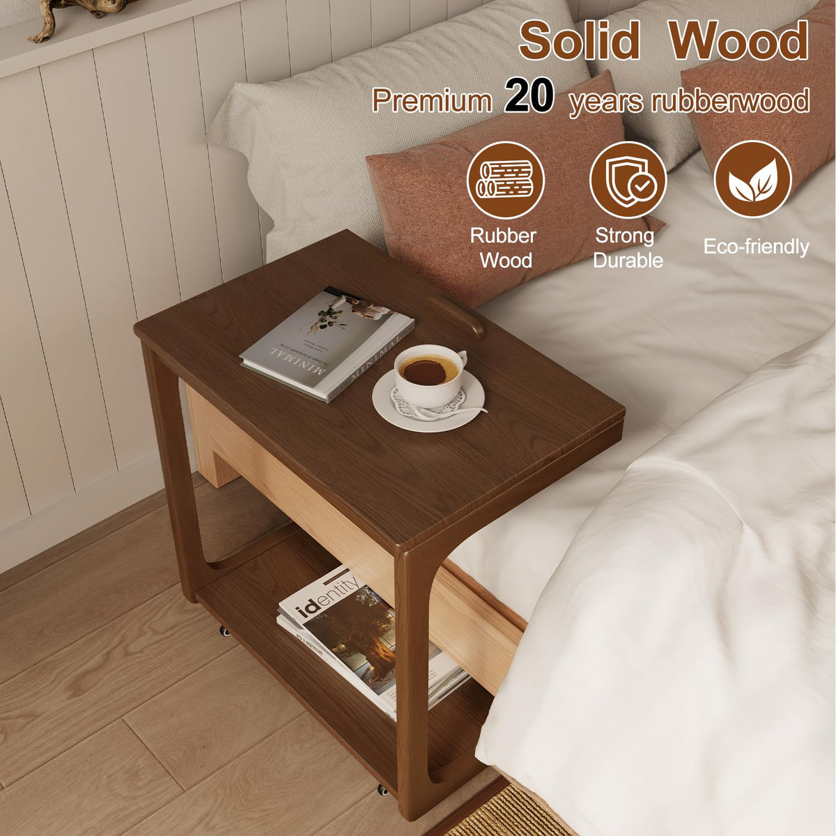 AQIMUELE living room setup with walnut end table