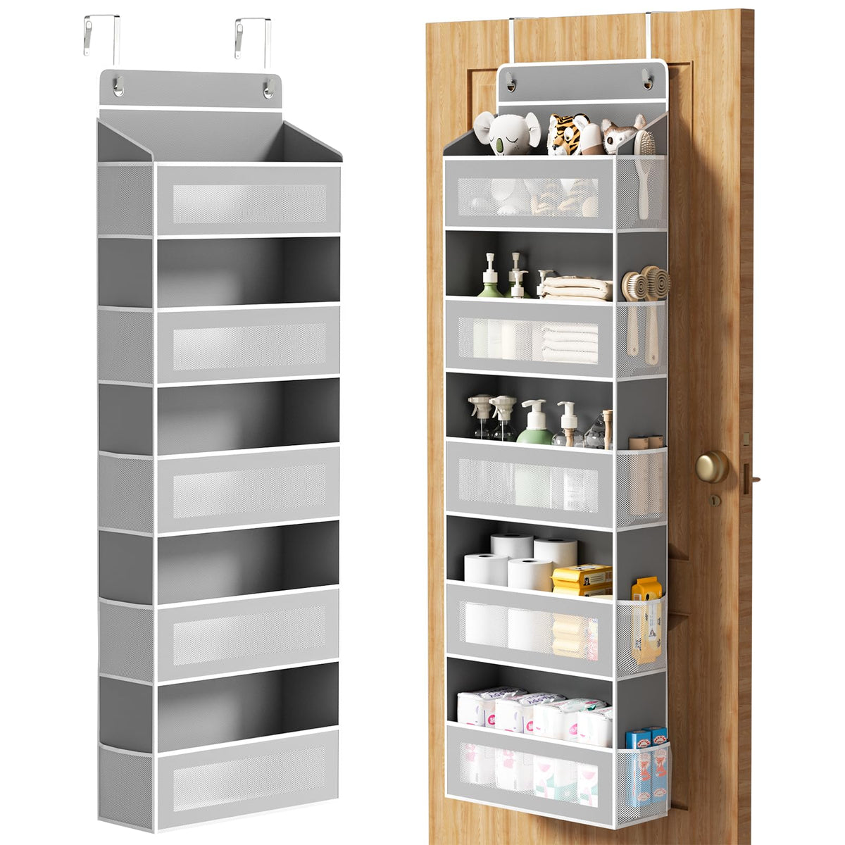 AQOOA Over The Door Organizer with five front pockets for organized storage.