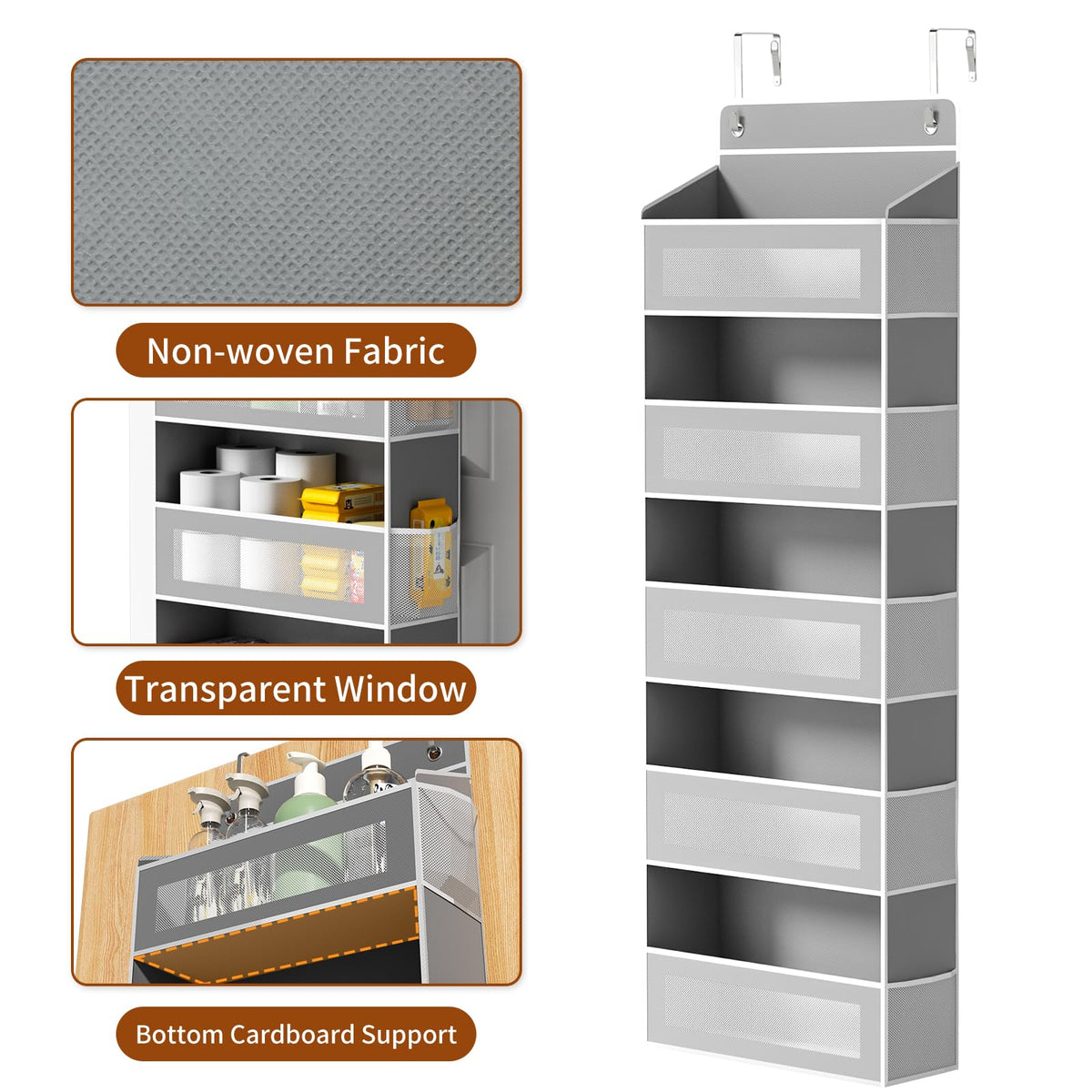 AQOOA Over The Door Organizer showing side mesh pockets for quick access.