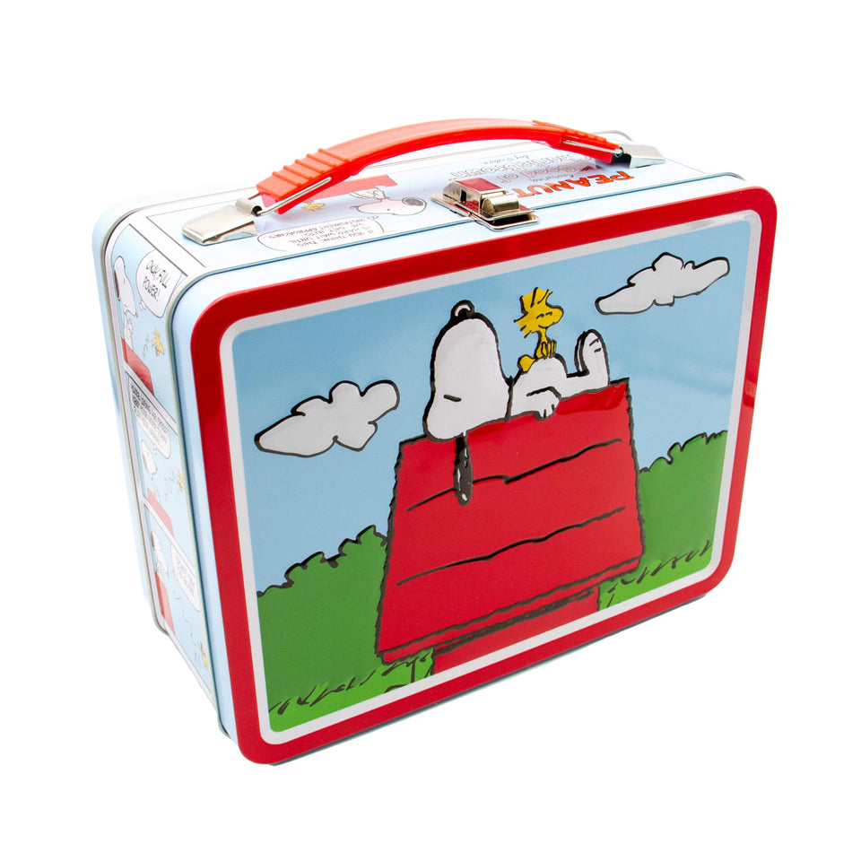 Aquarius Snoopy tin with embossed-front-cover featuring the red dog house for display.