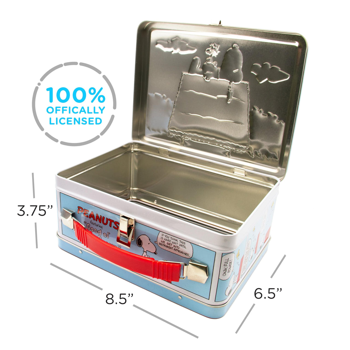 Aquarius Snoopy tin shows a sturdy plastic handle for easy transport.
