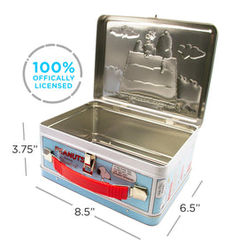 Aquarius Snoopy tin shows a sturdy plastic handle for easy transport.