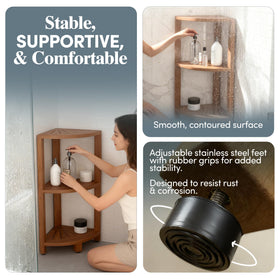 AquaTeak built-in wood shelf provides a convenient spot for daily essentials.