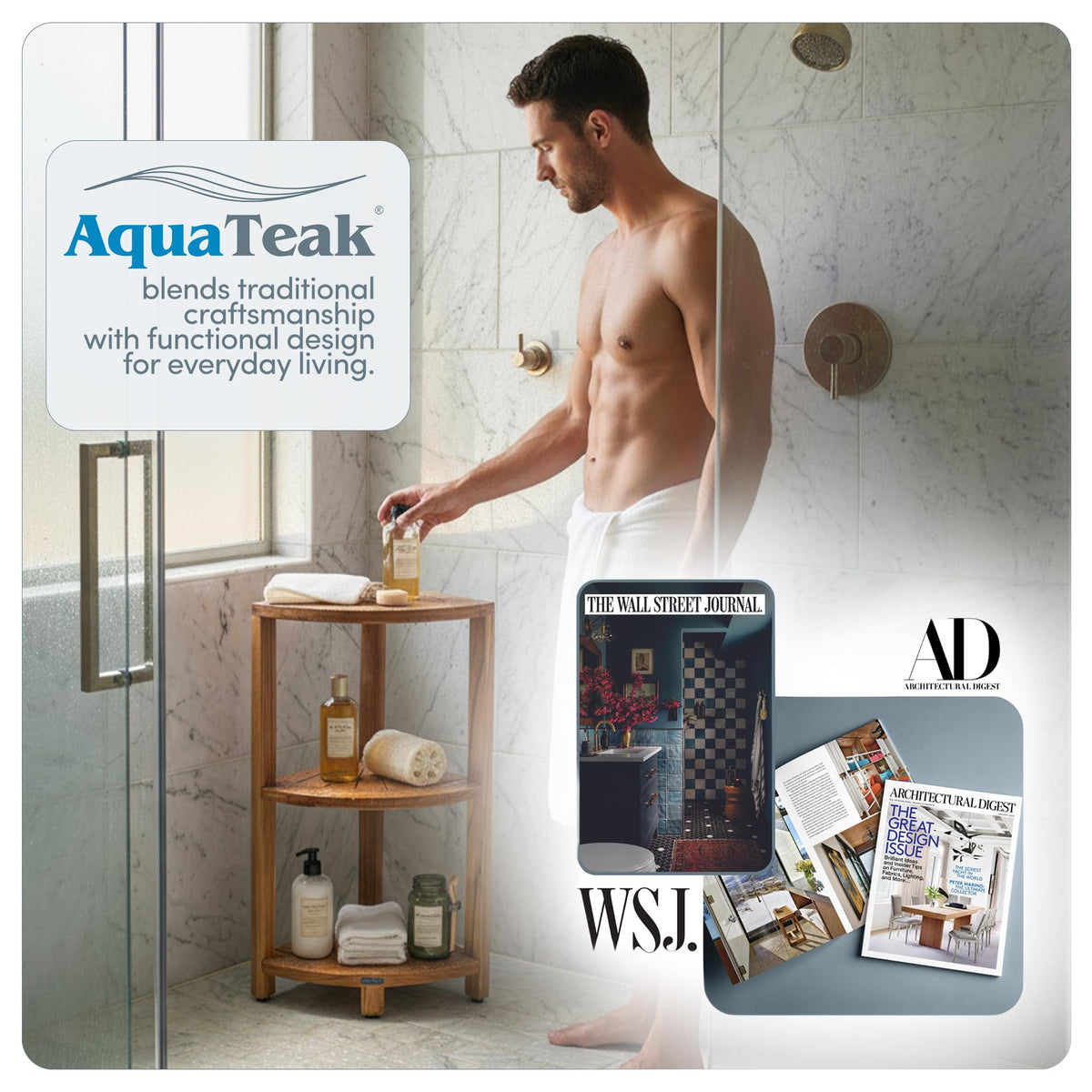 AquaTeak compact bathroom storage for clutter-free showers and easy maintenance.