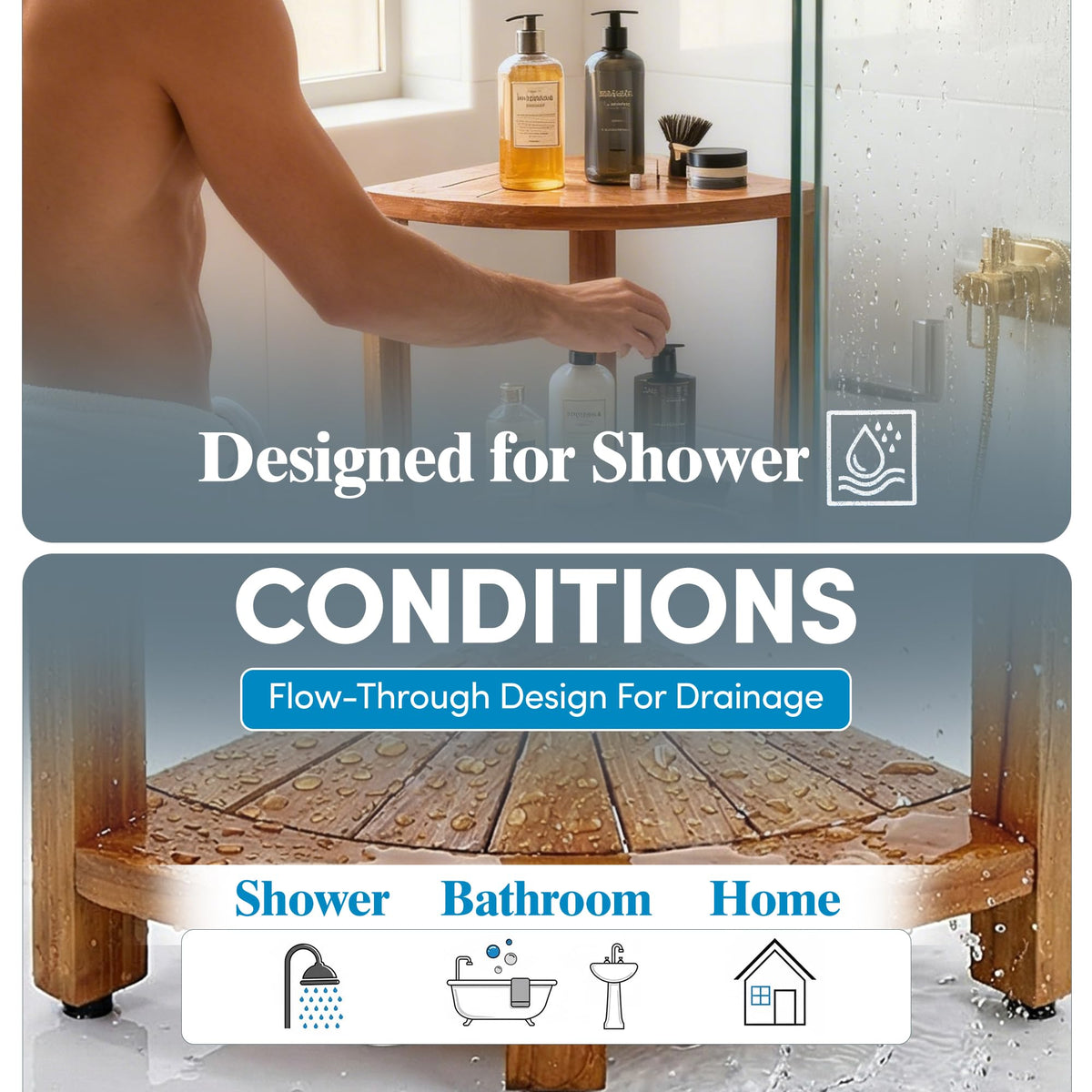 AquaTeak hidden stainless steel hardware for a clean, corrosion-free shower shelf.