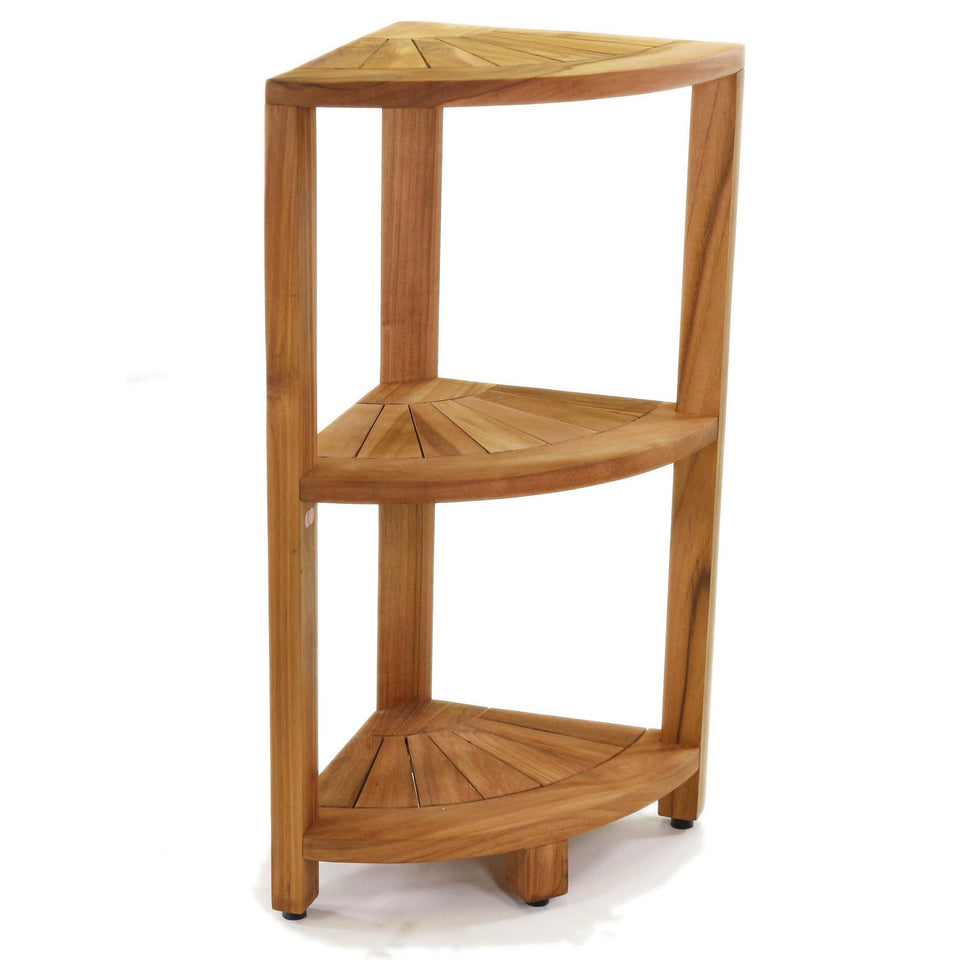 AquaTeak Kai-Petite teak corner shelf saves space in tight showers for towels.