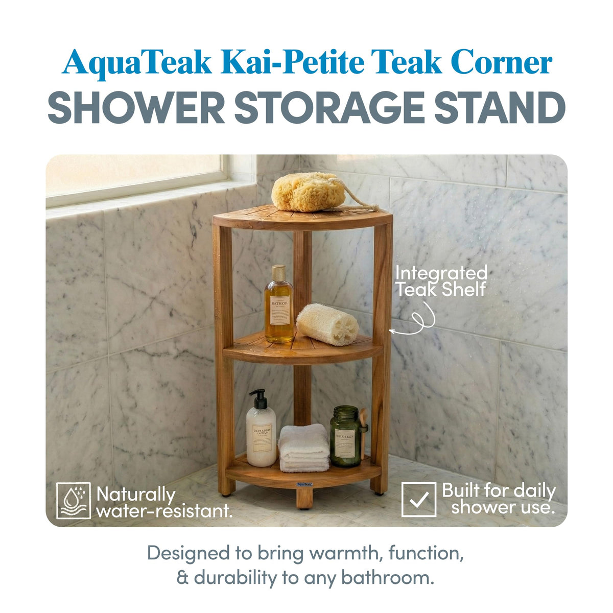 AquaTeak shower stand 3-tier shelving keeps bath essentials organized.