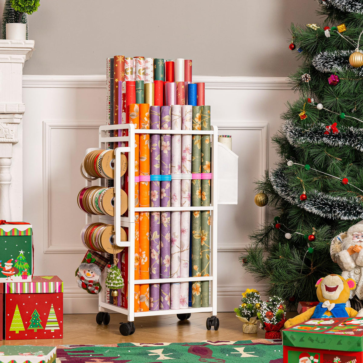 Aquzee adjustable rod system highlights space-saving wrap paper organization.