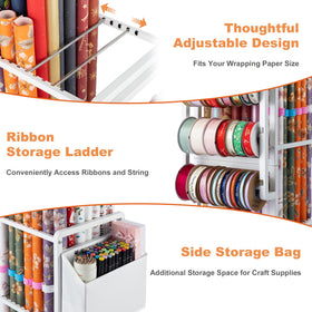 Aquzee gift bag storage area holds bags, scissors, and small supplies.
