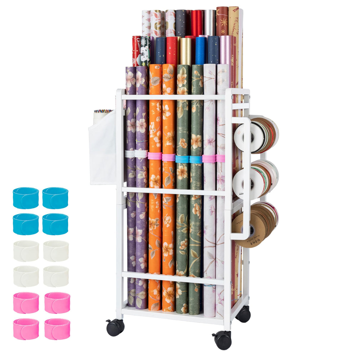 Aquzee gift-wrapping organizer cart front view demonstrates easy mobility and organized storage.