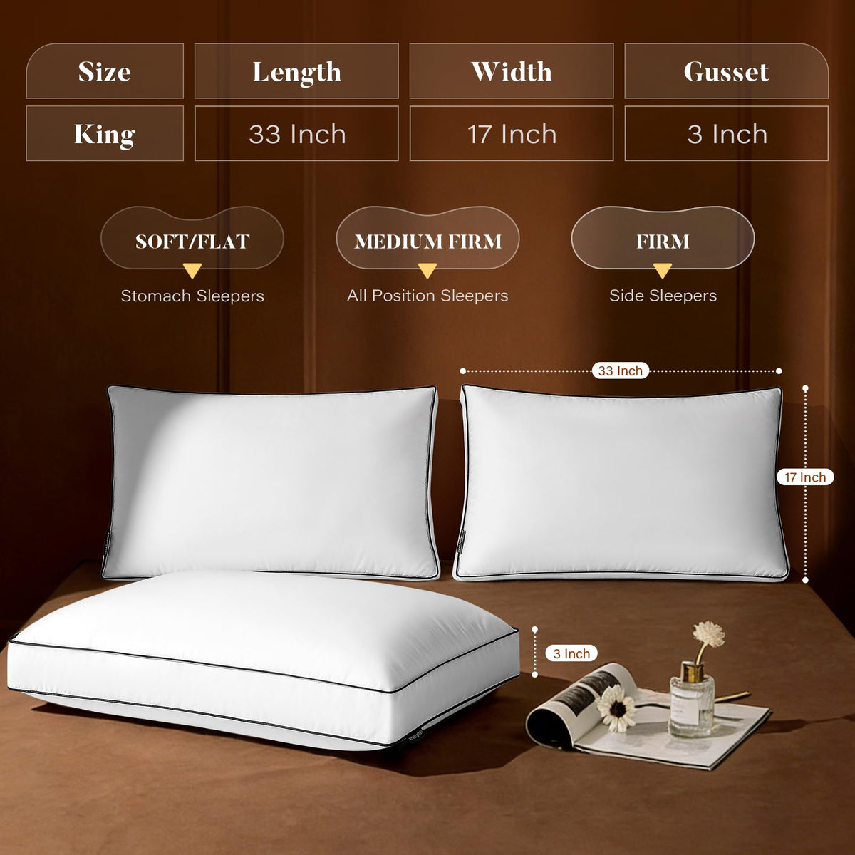 AQUZIN king size pillow with gusset offers versatile height for various sleep positions.
