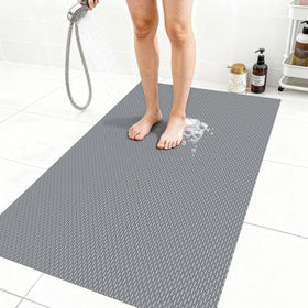 Aqzuxira extra-large gray shower mat with non-slip back for secure placement.