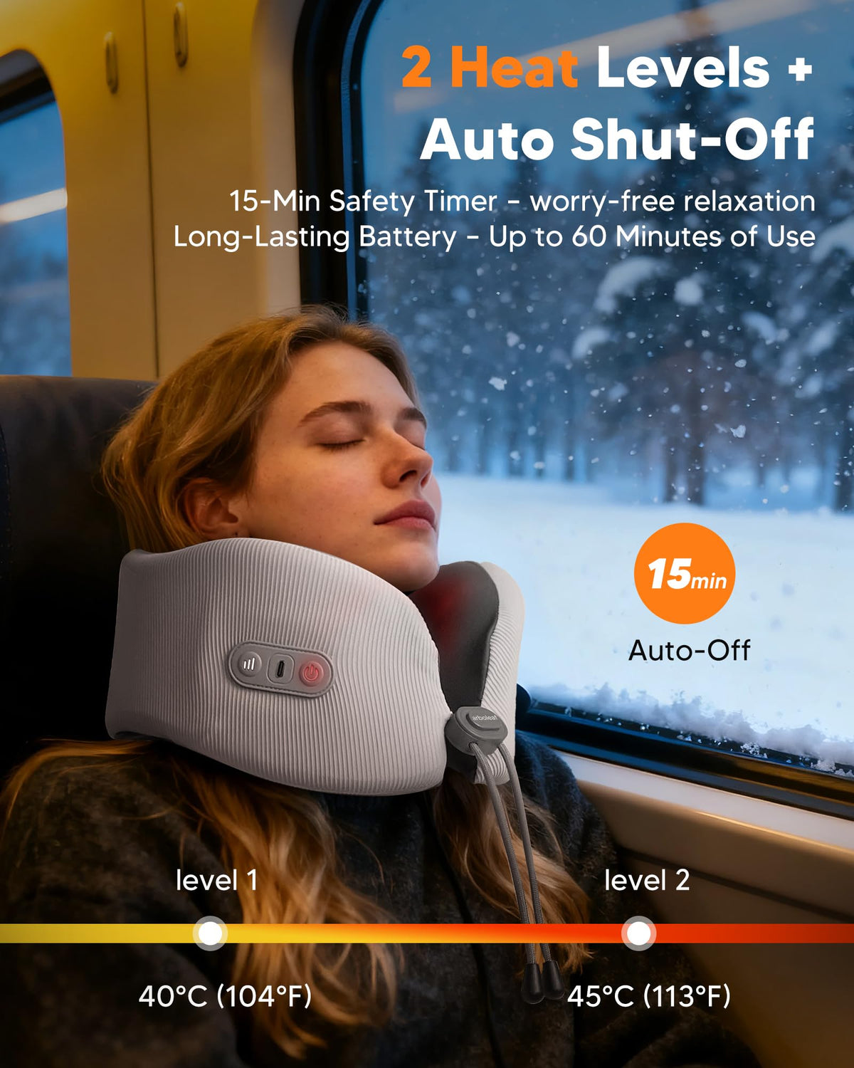 arboleaf travel pillow in use with USB-C recharge for convenient power during journeys
