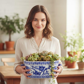 Arborus blue-white ceramic planter oval cachepot large inside detail, reveals glossy finish and craftsmanship.