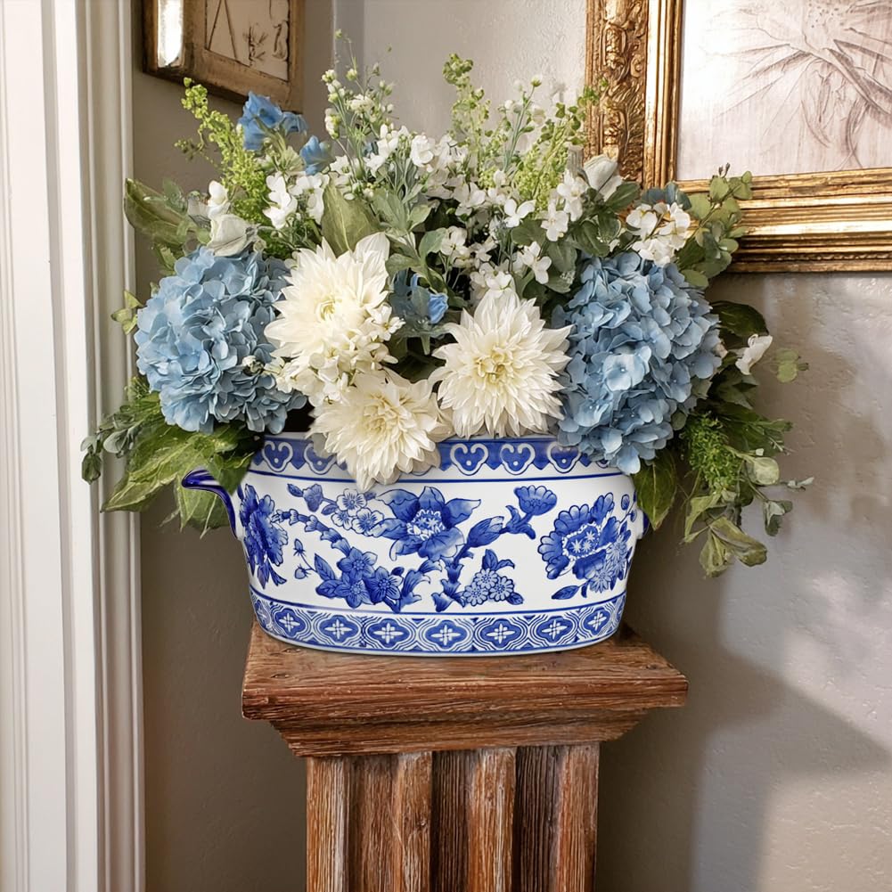 Arborus blue and white ceramic planter oval cachepot large side profile, perfect for statement arrangements.