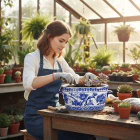 Arborus blue-white ceramic cachepot no-drainage design, protects surfaces while showcasing faux or live plants.