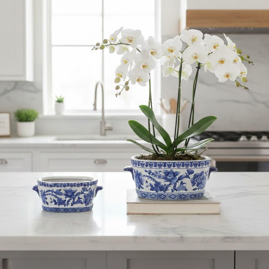 Arborus blue-white ceramic planter small closeup glaze, highlighting timeless glaze and durability.