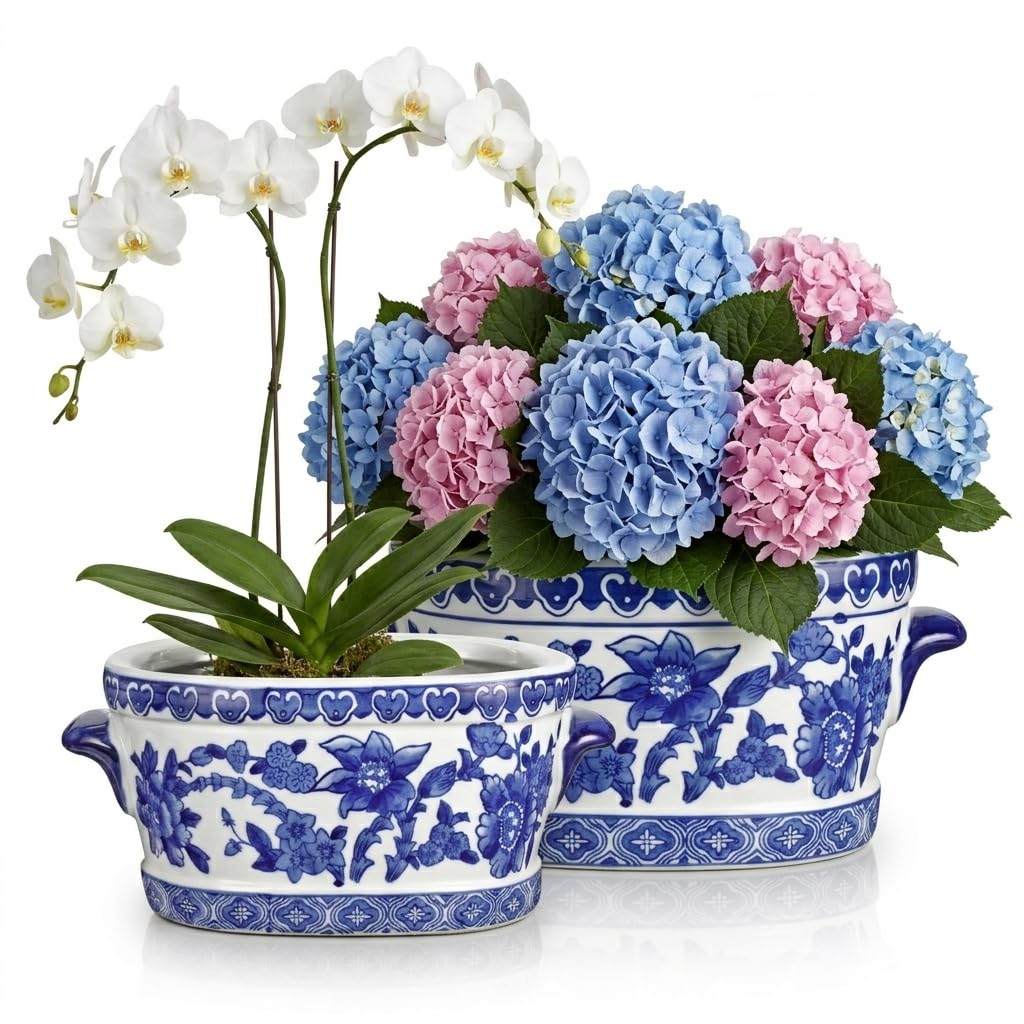 Arborus blue and white ceramic planter oval cachepot, front view, ideal for indoor floral display.