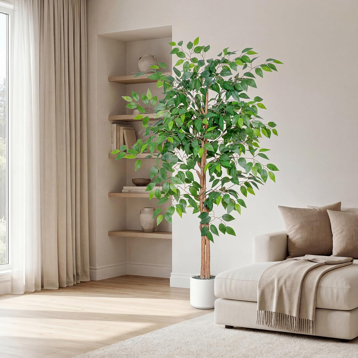 Arborvigro potted artificial ficus tree standing tall in a corner.