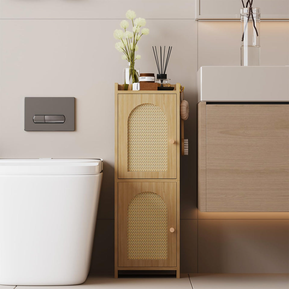Arbuxzuy Rattan corner cabinet front view showing compact space-saving design