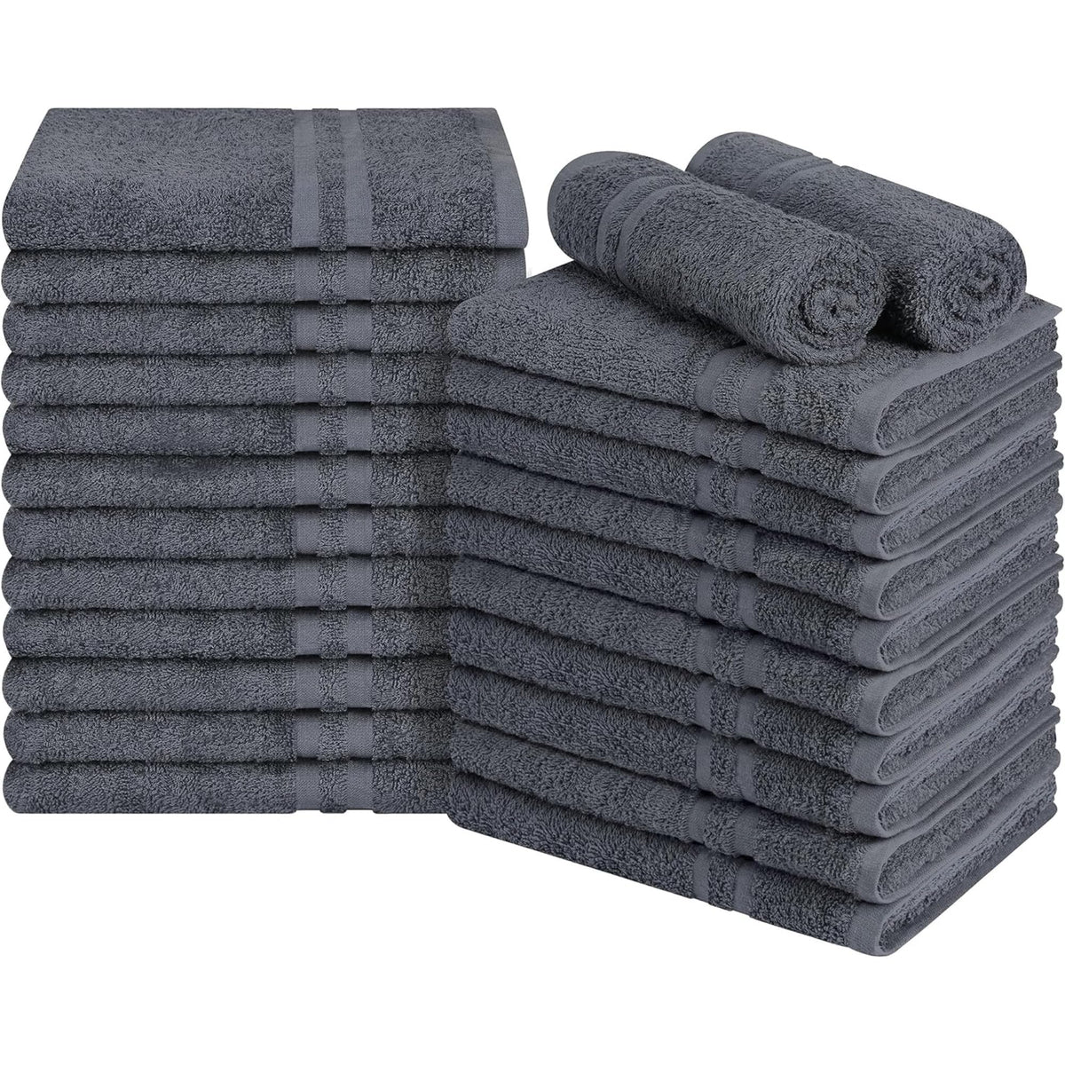 ARC HOME 100% cotton hand towels folded in charcoal grey for an elegant bathroom display