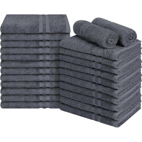ARC HOME 100% cotton hand towels folded in charcoal grey for an elegant bathroom display