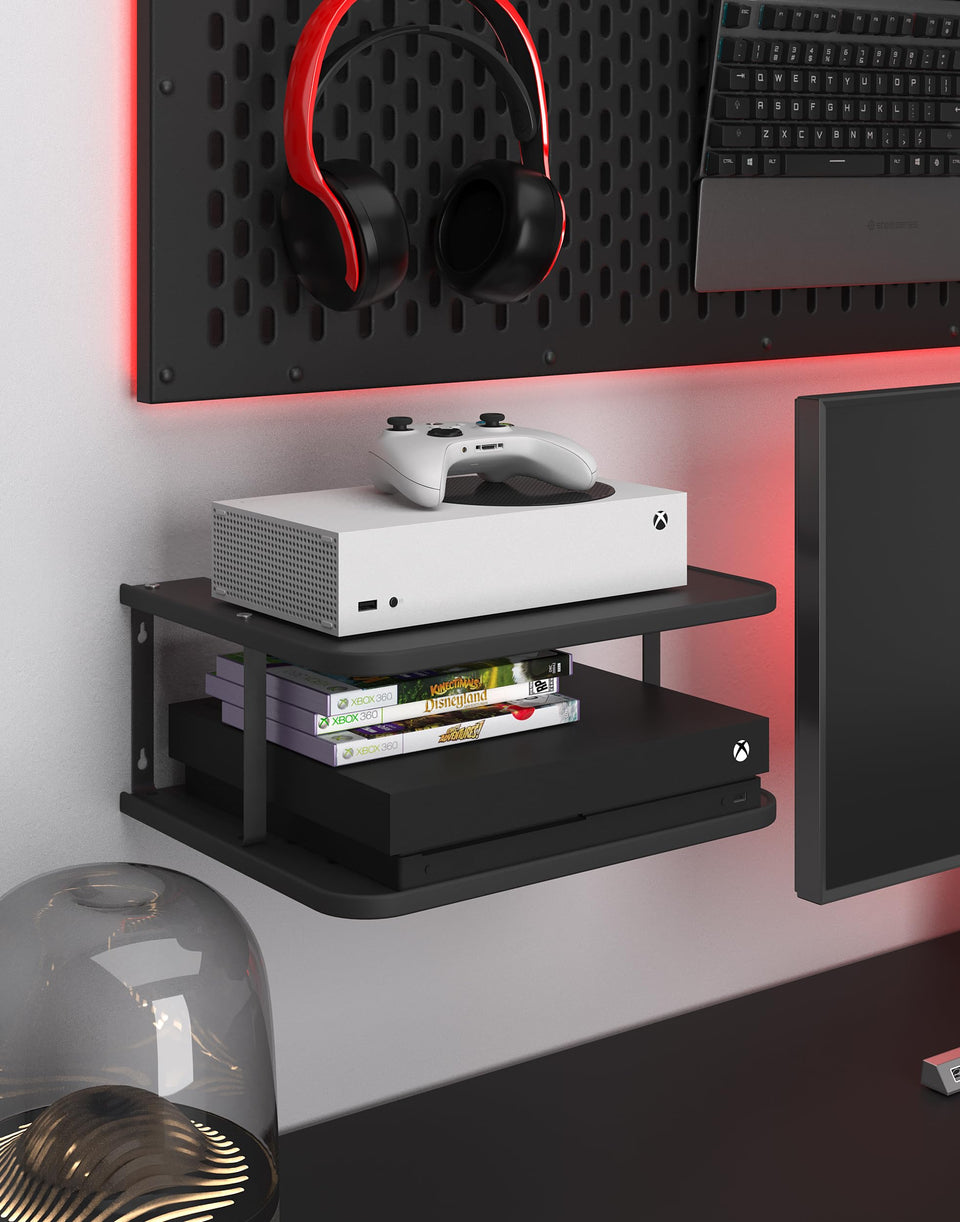 AREAJD black projector wall shelf front view, space-saving design for tidy living rooms.