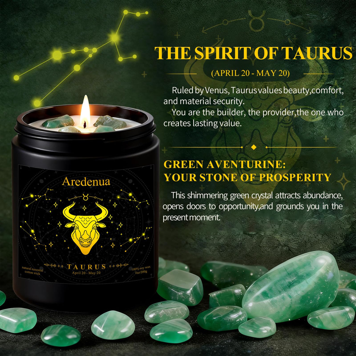 Aredenua Taurus candle 7oz soy wax with 50-hour burn.