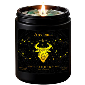 Aredenua Taurus candle with green aventurine crystals for luck and heart balance.