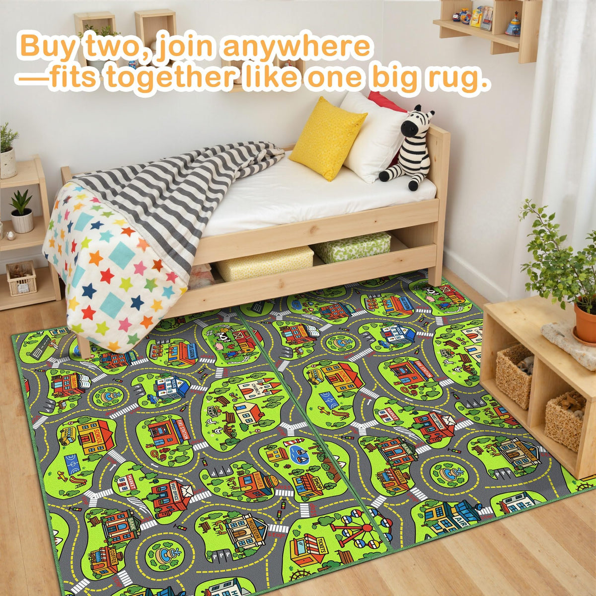 Arenarug two-rugs-connect-seamless creates a longer, continuous play area.