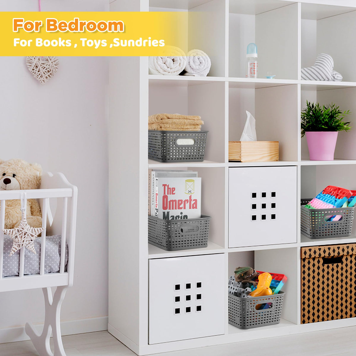 AREYZIN baskets on desk or playroom surface support easy craft sorting.