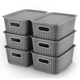 AREYZIN plastic storage baskets with lids neatly arranged on a shelf for space efficiency.