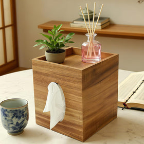 Arflo acacia wood tissue box cover with tray keeps surfaces tidy and stylish.