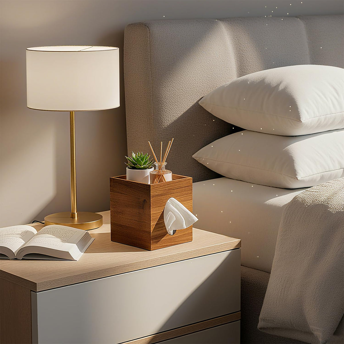 Arflo tissue box cover in living room setting blends with decor.