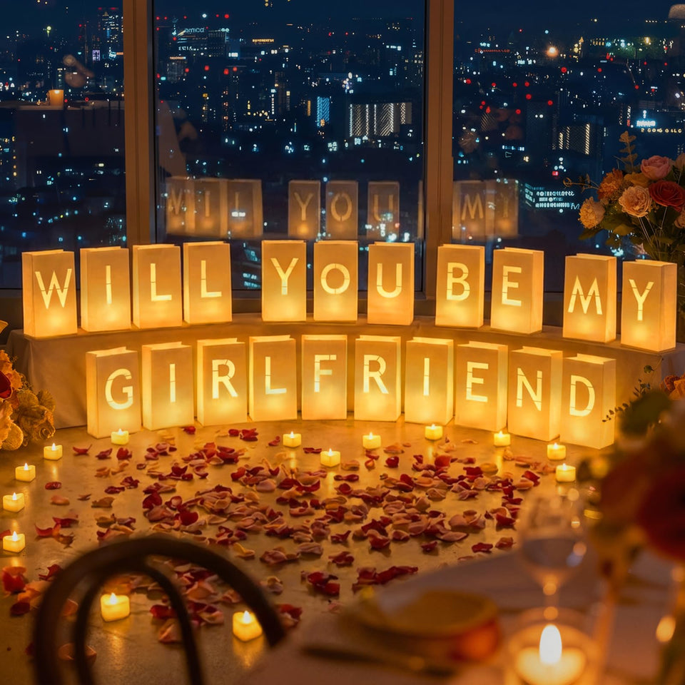 ARIKJ Will You Be My Girlfriend luminary bags glow to spell a romantic message, ideal for events