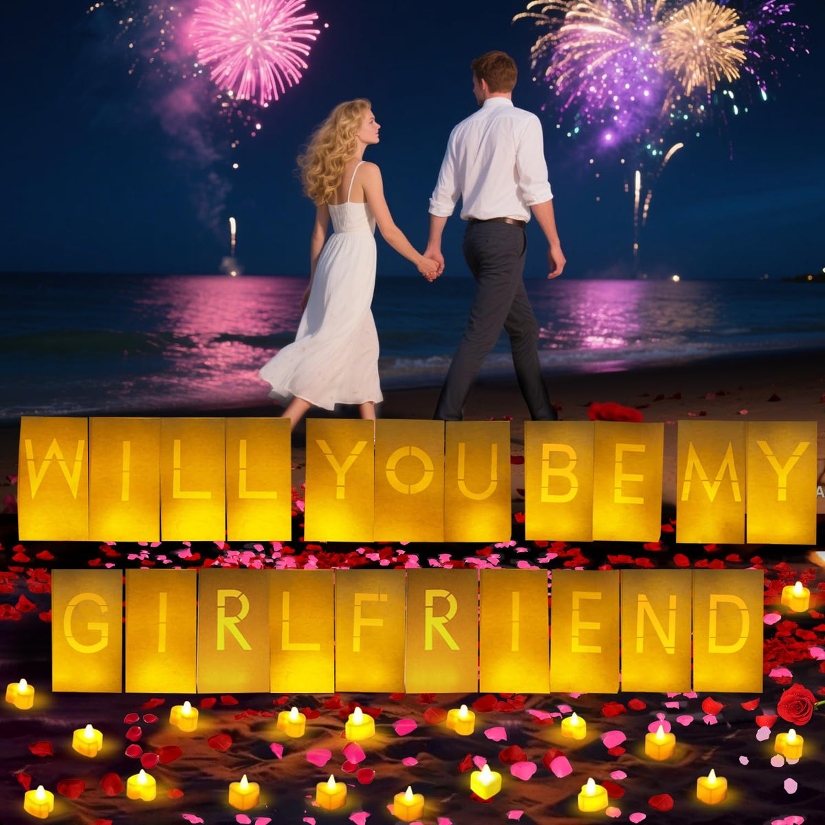 ARIKJ Will You Be My Girlfriend luminary bags outdoor setup with rocks or sand