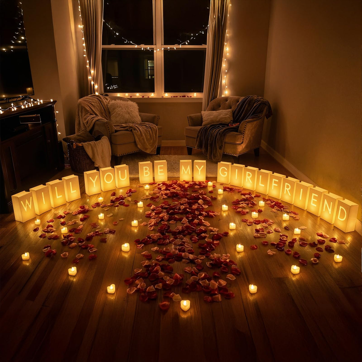 ARIKJ Will You Be My Girlfriend rose petals create a dreamy backdrop