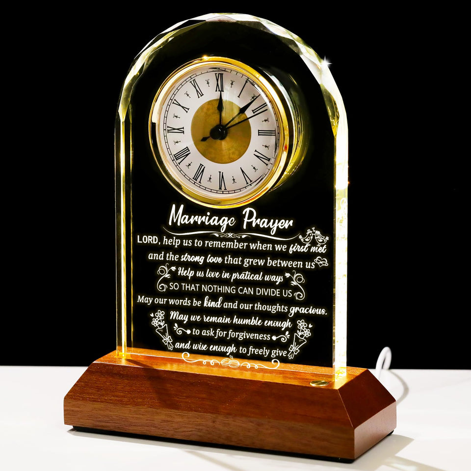 Arikyrist glass clock with engraved wedding quote for elegant home décor.