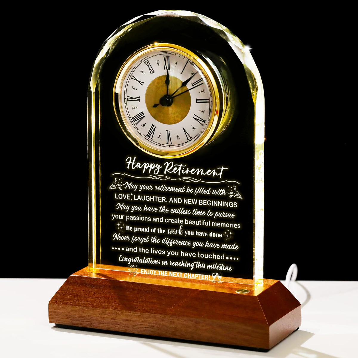 Arikyrist glass retirement clock on a wooden base for an elegant desk display