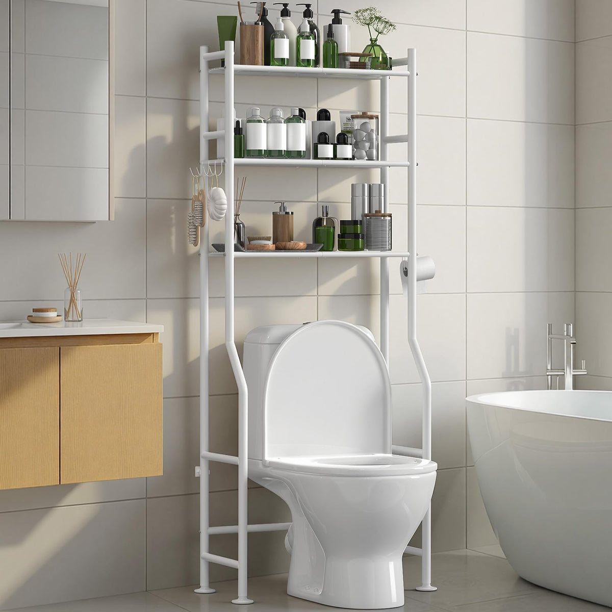 AriseWork 3-Tier Toilet storage tower, white, space-saving bathroom organizer.