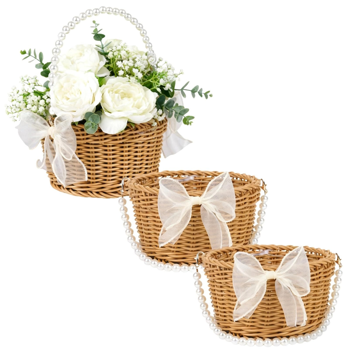 ARKSU flower girl baskets trio in elegant wicker with pearl handles for rustic weddings.