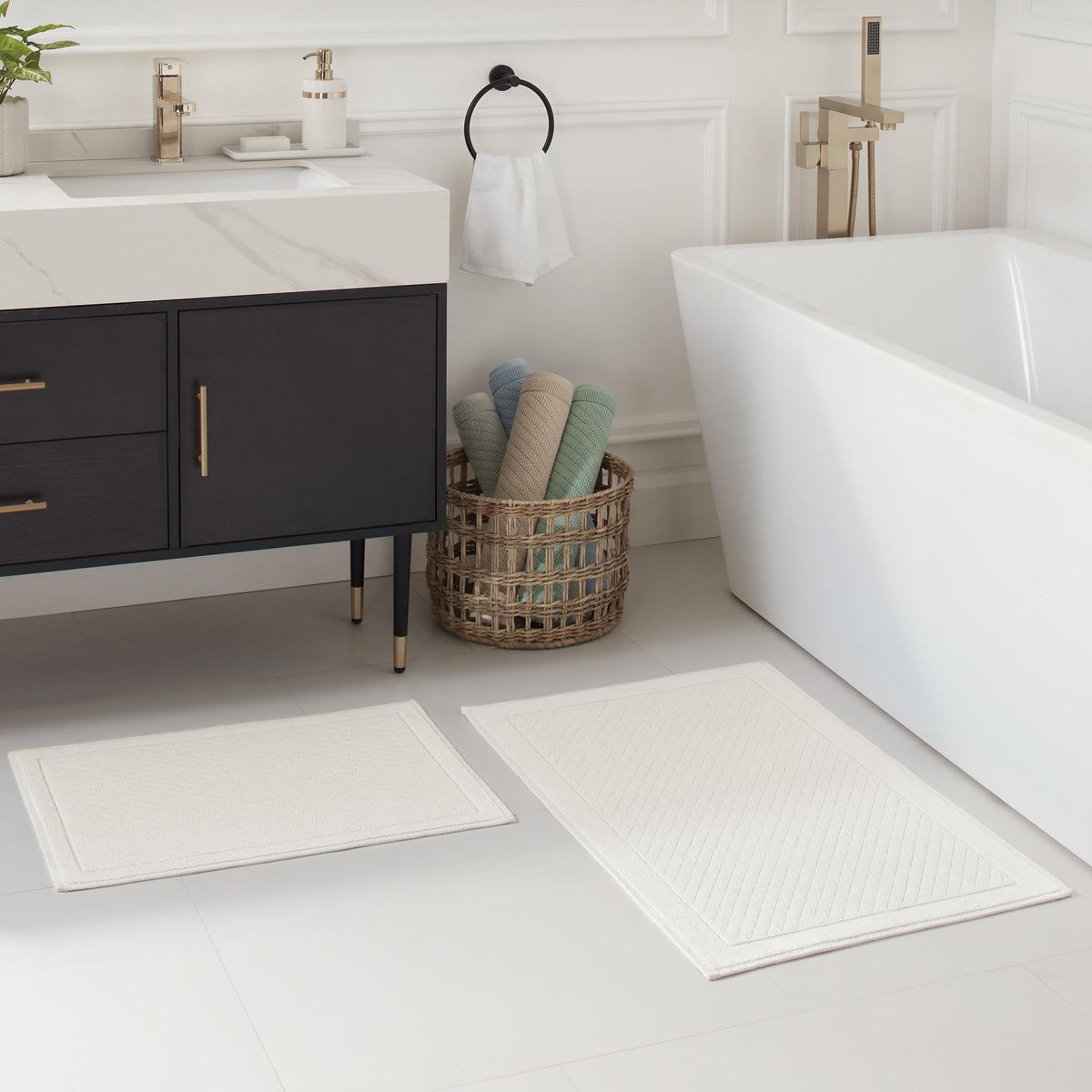 Arkwright woven texture adds contemporary style to bathroom decor.