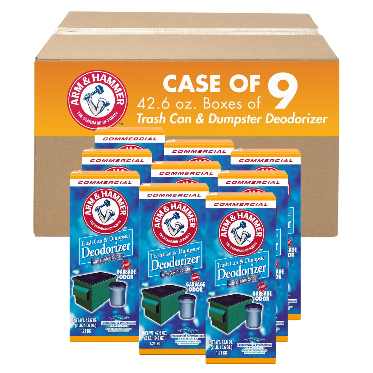 Arm & Hammer trash can deodorizer with sprinkle top, original scent, for odor control.