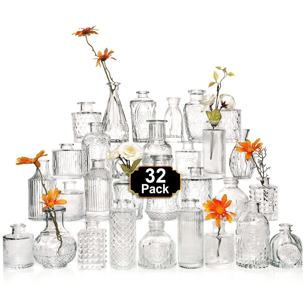 Arme glass bud vase set 32pcs for elegant centerpieces at weddings.