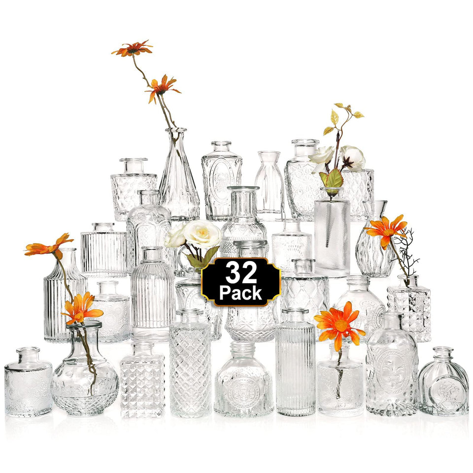 Arme glass bud vase set 32pcs for elegant centerpieces at weddings.