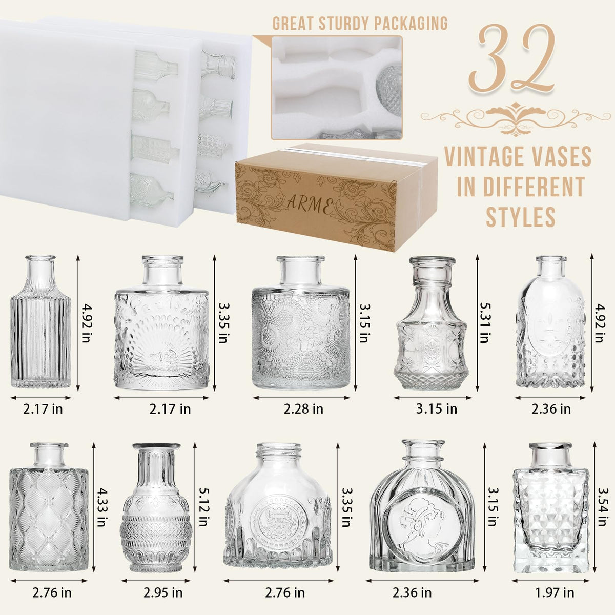 Arme small clear vases with etched patterns highlight flower textures.